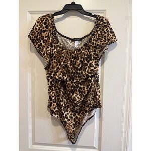 Touch Me Womens Leopard Print Ruffle Off Shoulder Bodysuit Brown Black 2X Large